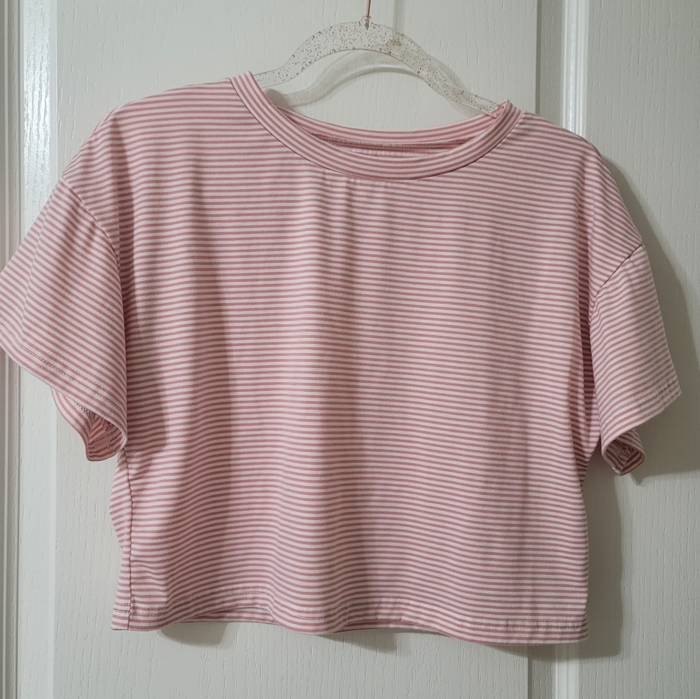 Soft Pink Simple Striped Loose Knit Sleeve Top Casual Baletcore
